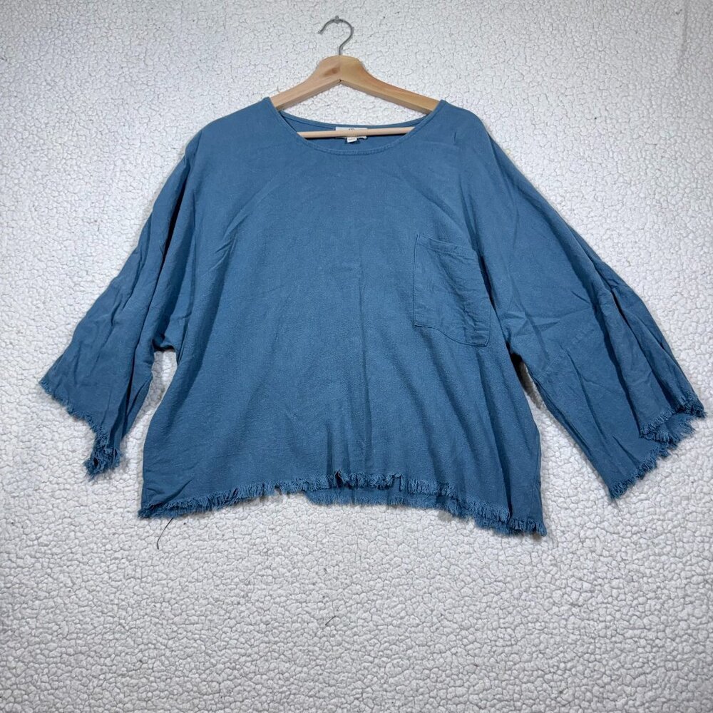 P Cill Women’s Blue Linen Blend Boxy Fringe Top sz L Boho Lagenlook Minimalist